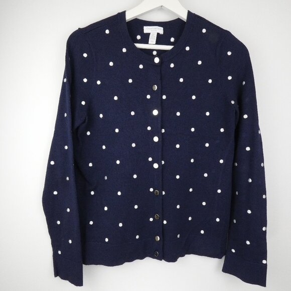 Charter Club Cardigan Womens PS Navy Button Long Sleeve Embroidered Polka Dot - Picture 1 of 15